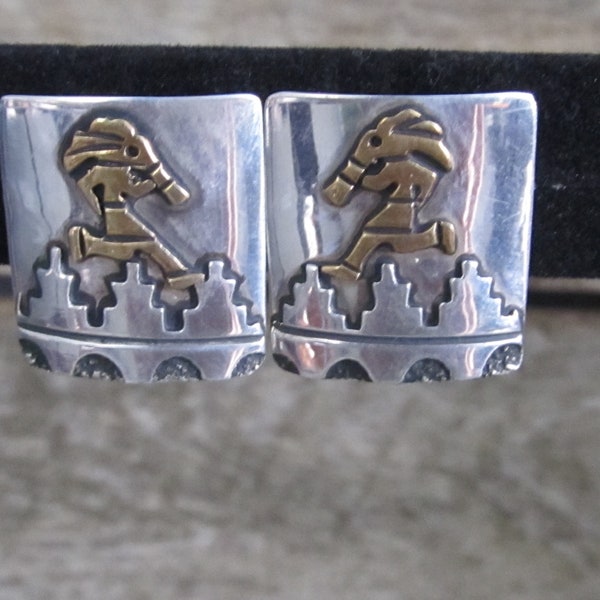 Vintage Navajo Signed Thomas "Tommy" Singer Square Kokopelli  Clip On Earrings BTB - Sterling with Gold Overlay