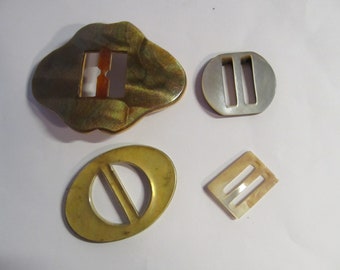 4 Vintage Scarf Slides Buckles / Brown / Tan Celluloid Slide / White Abalone Buckles  / Tin Backed Plastic Scarf Slide /Shawl Clips