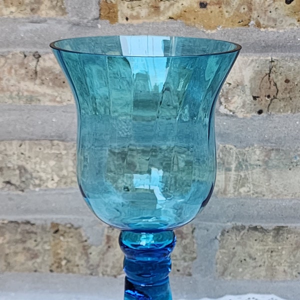 Vintage Mid Century Modern Empoli Blue Optic Hurricane Glass Goblet Flared Tulip Bowl Twist Stem Tall Pedestal Taper Candle