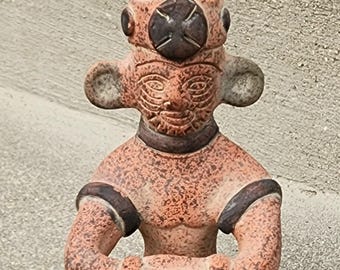 Vintage Terracotta Mexico Figure Seated Tribal Man Folk Art Sculpture