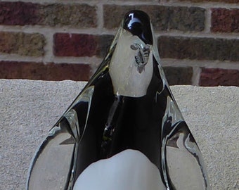 Vintage Black White Clear Free Standing Penguin Bird Animal Hand Blown Art Glass Figurine Sculpture Paperweight