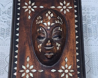 Vintage Inlay Mother of Pearl Abalone Geometric Diamond 3D African Tribal Mask Hand Carved Wood Wooden Dresser Keepsake Jewelry Box Holder