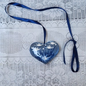 Vintage Hand Painted Glazed Art Pottery AH Blue Heart Shape Flower Floral Bouquet Motif Small Open Top Hanging Potpourri Holder Pomander