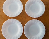 Vintage Set of 4 Vintage Swirl Crinoline Ruffle Edge White Opalescent Opal Platonite Concentric Circle Bottom Made In USA Salad Plates