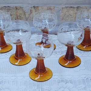 Vintage Boho Chic German Amber Crystal Wine Glasses With Beehive Stems -  Set of 4.