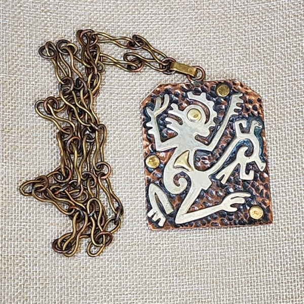 Vintage Mexico Casa Maya Tribal Monkey Silver Brass Hammered Copper Mixed Metal Chain Large Pendant Art Necklace Jewelry