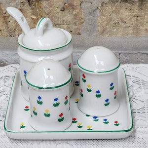 6pc Vintage Porcelain Red Blue Yellow Tulip Flower Floral Salt Pepper Shakers Sugar Jar W Spoon Kitchen Serving Tray Set Lord & Taylor Japan