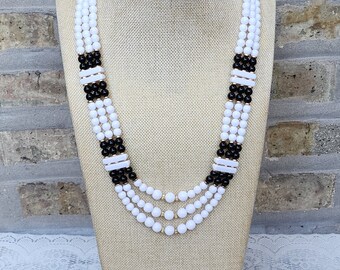 Vintage Black White Round Plastic Bead Beaded Lucite Bar Bead Triple 3 Strand Fashion Jewelry Necklace