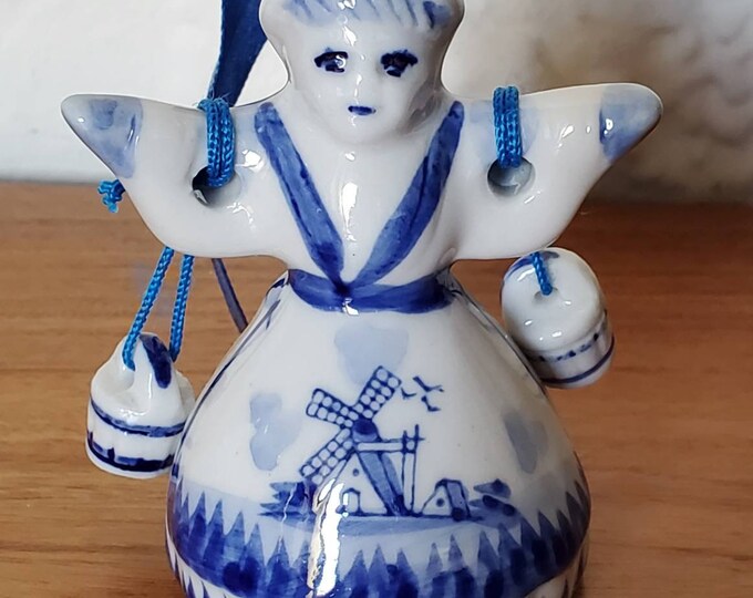 Vintage Delft Ornament Hand Painted White Blue Flower Floral Windmill Holland Dutch Milkmaid