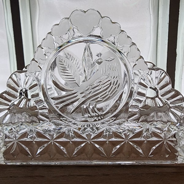 Vintage Clear Hofbauer Byrdes Bird Frosted Heart Clover Edge Border Design Press Cut Crystal Napkin Holder