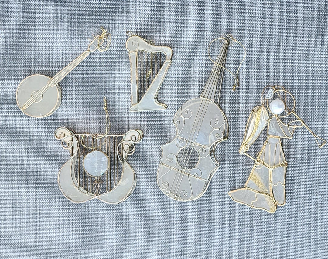 Vintage Capiz Shell Musical Instrument Ornaments: Angel, Harp, Bango ...