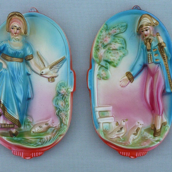 Vintage Set of 2 French Colonial Maiden Damsel Girl and Soldier Boy Bird 3D Shabby Chic Boudoir Kitchen Decor Chalkware Plaster Wall Hanging