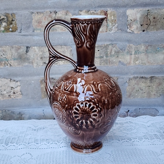 Vintage Brown Glaze Ceramic Stamped Tuilp Flower Floral Swirl Medaillon  Double Handle Tall Water Spirit Wine Pouring Pitcher Urn Vessel 