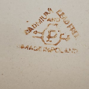 Op de afbeelding: Close-up van een bruine stempel op een wit oppervlak. De stempel luidt "Cadmium and Lead Free" met een pijl die naar links wijst en een pijl die naar rechts wijst. In het midden van de stempel staat een letter "P" in een vierkant. Onder de stempel staat de tekst "Made in Poland".