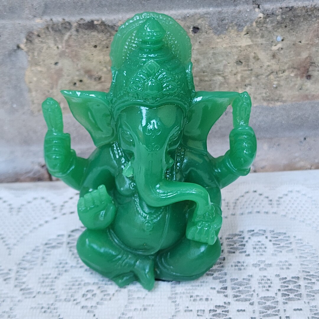 Hard Plastic Resin Jadeite Green Color Hindu Lord Ganesha Elephant Head God Diety of Prosperity