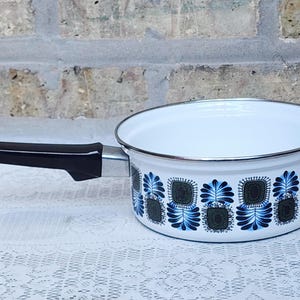 Vintage Austria Email Mid Century Modern Peacock Bird Feather Eye Green Blue Black Deco White Enamel Sauce Pan Enamelware Pot Kitchenware