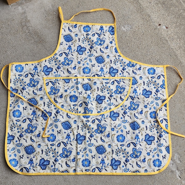 Yellow French Vent Du Sud Blue Flower Floral Swedish Brocade Tulip Fabric Large Single Divided Pocket Cooking Kitchen Bib Apron