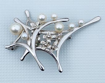 Vintage Sterling Silver Cultured Pearl Brooch Abstract Floral Lapel Pin