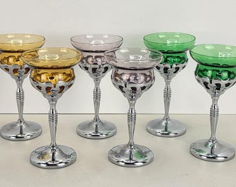 Vintage Cambridge Farber Bros Krome Kraft Cordial Glasses Colored Set / 6