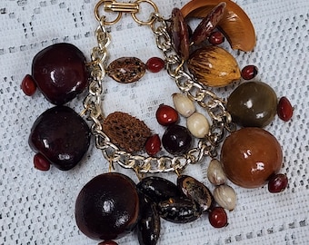 Vintage Lacquered Assorted Nuts Charm Link Wrist Bracelet Funky Quirky Jewelry
