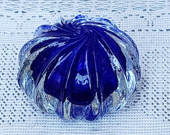 Vintage Cobalt Blue Clear Art Glass Swirl Spiral Cushion Flat Oval Orb Glass Paperweight Stamped Pontil