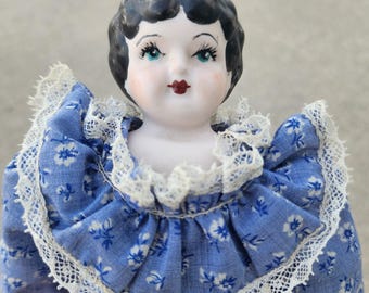 Vintage Porcelain Doll Hand Painted Blue Floral Dress