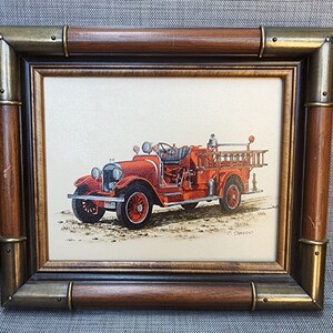 Vintage Carson Red Fire Department Dept Truck Engine Scene Metal Accent Framed Oil Painting Serigraph Canvas Hanging Picture Wall Decor