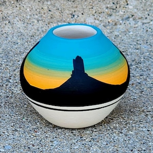Vintage Dine Signed Navajo Indian Hand Painted Black Mountains Turquoise Yellow Sunset White Pottery Small Bulbous Vase