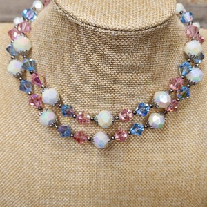 Vintage Faceted Pink Blue Glass Aurora Borealis White Iridescent Plastic Bead Beaded Doubled Strand Rosette Clasp Costume Jewelry Necklace