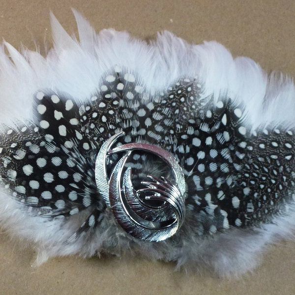 Gorgeous White Schlappen Rooster and Black White Polka Dot Guinea Feathers Silver Metal Swirl Brooch Wedding Hair Clip Fascinator Accessory
