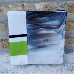 Fused Art Glass Plate: Green, White, Black Swirl Design, Signed