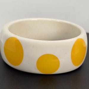 Vintage White Acrylic Bangle Bracelet Yellow Polka Dot Retro Chunky Wide
