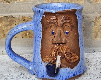 Vintage Middle Earth Pottery Moustache Man Smoking Pipe Face Blie Speckle Glaze Stoneware Folk Art Large 16 oz Pottery Coffee Mug Cup