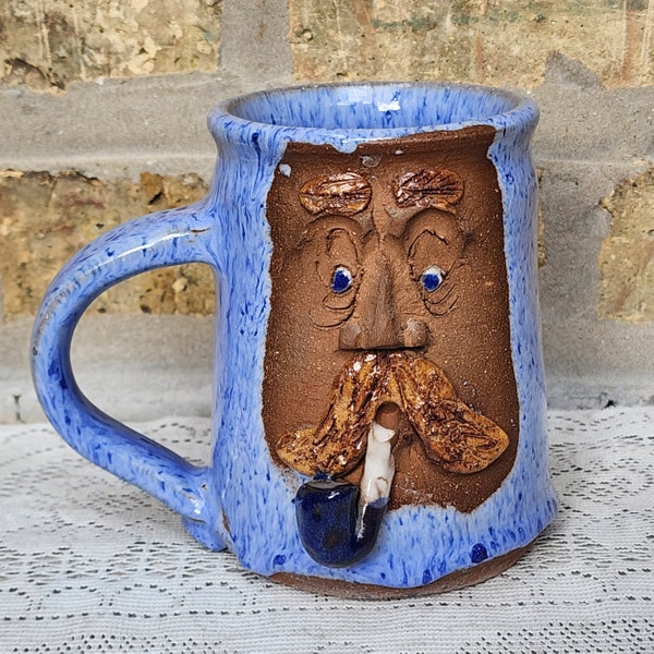 Vintage Middle Earth Pottery Moustache Man Smoking Pipe Face Blie Speckle Glaze Stoneware Folk Art Large 16 oz Pottery Coffee Mug Cup