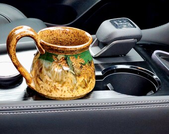 Studio Art Brown Tan Green Glaze Speckle Pottery Beach Ocean Palm Trees Leaves Leaf Travel Car Coffee Mug Cup Artist Signed