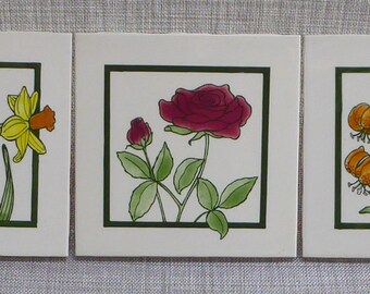 Set of 3 Vintage Red Rose Yellow Daffodil Orange Tiger Lilly Flower Floral Hand Painted Porcelain Green Border Wall Tiles Trivets