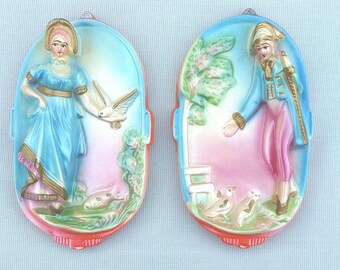 Vintage French Colonial Cottage Core Chalkware Wall Hangings Maiden Soldier Set