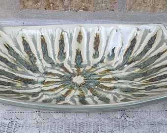 Vintage 2003 The Good Earth Dinnerware Mid Century Modern Green Grey Goose Drip Glaze Richie Watts Mississippi Pottery Seving Bowl Tray Dish