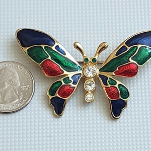 Vintage New View Emerald Green Navy Blue Ruby Red Enamel Butterfly Insect Rhinestone Gold Tone Metal Fashion Jewelry Lapel Brooch Pin A7