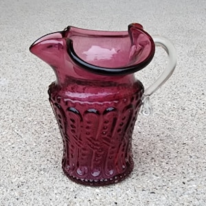 Vintage Cranberry Hobnail Art Glass Miniature Pitcher with Clear Handle