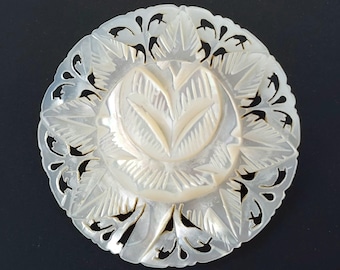 Vintage Mother of Pearl Brooch Flower Floral Medallion Pierced Carved Shell Statement Pin