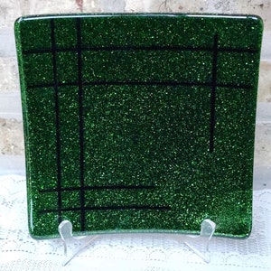 Emerald Green Fused Art Glass Glitter Glass Plate Geometric Abstract Signed
