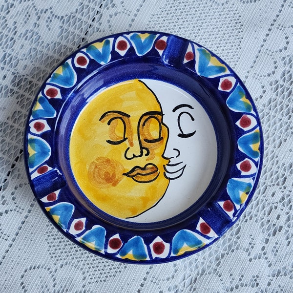 Vintage Sun Moon Hand Painted Monterosso Monte Rosso Ceramiche Pottery Italy Cobalt Blue Geometric 3 Slot Round Ashtray