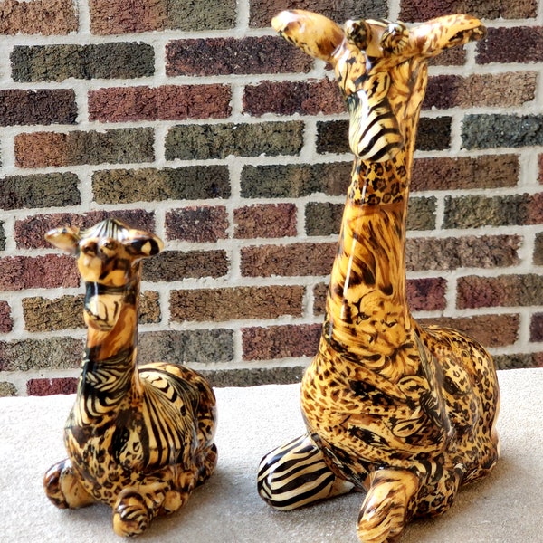 2 Vintage LaVie La Vie Mom Baby Giraffe African Safari Jungle Patchwork Animal Print Mixed Media Cheetah Zebra Lion Figurines