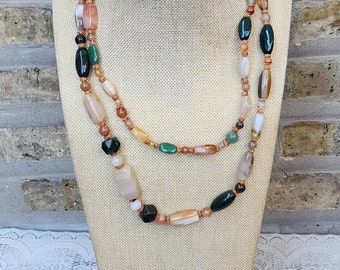 Vintage Large Semi Precious Gemstones Polished Stones Green Clear Brown Peach Bead Beaded Long Single Doubled Strand Fashion Necklace