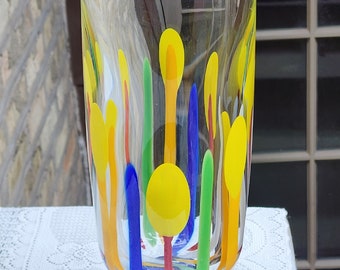 Vintage Modern Stripe Dot Svoboda Karlov Art Glass Vase Czech Cobalt Solid Base