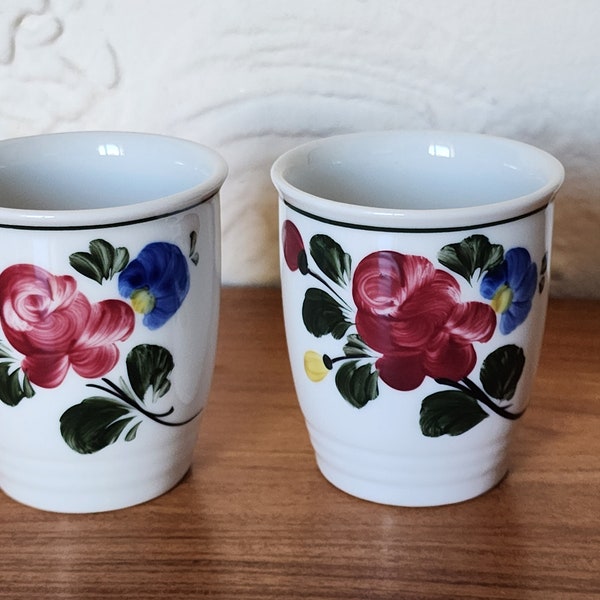 2 Vintage Lilien Porzellan Hand Painted Dark Pink Flower Floral 4 oz White Porcelain Tea Juice Custard Cups Tumblers Glasses Dishes