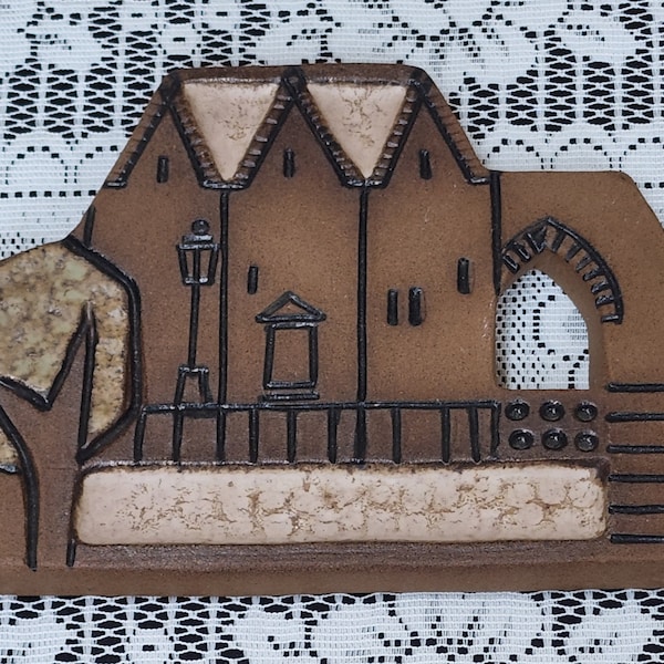 Vintage Tekt Estonia European Architecture Building Tree Village Town Brown City Mural Ceramic Pottery Wall Hanging Plaque Carved Art Tile