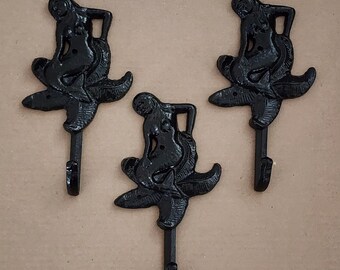 Refinished Black Cast Metal Mermaid Seashell Shell Decor Wall Hooks