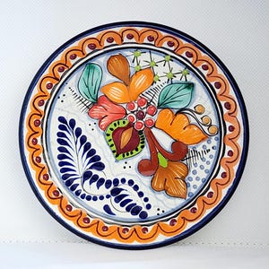 Vintage Talavera Puebla Mexico Orange Cobalt Blue Ikat Scroll Colorful Flower Floral Round Circle Pottery Wall Hanging Plate